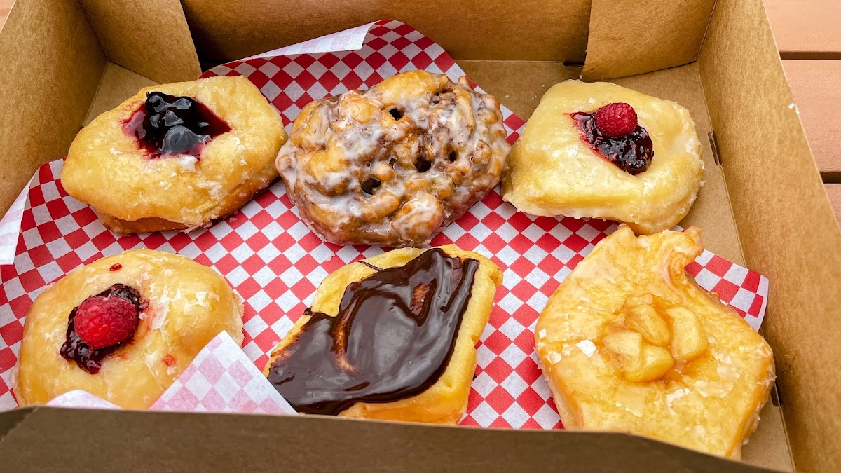 A box of Granny's donuts on red and white checkered paper
