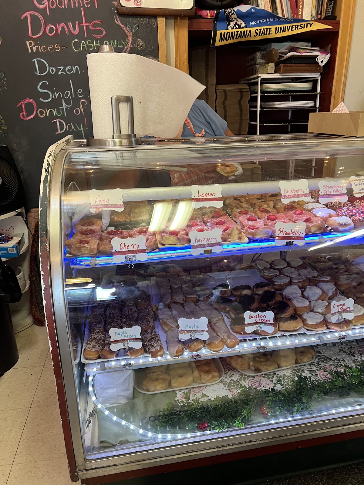 The labeled donut display case at Granny's